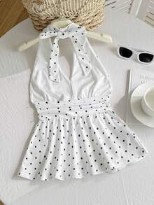SHEIN Áo hai dây chấm bi kiểu retro cho nữ tuổi teen, áo hai dây xếp ly màu trơn thanh lịch, thích hợp cho mùa hè, kỳ nghỉ, mặc thường ngày và ở nhà. - Đen và trắng - Xem 2