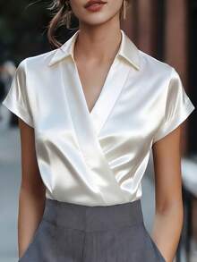 Ellegaria. 女士新款V领短袖休闲宽松上衣/T恤，适合通勤、度假、日常穿着，春夏皆宜 - 白色 - 查看 3