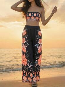 CAJUNI Conjunto de vacaciones con top bandeau corto y falda con estampado floral para mujer - Negro - Ver 5