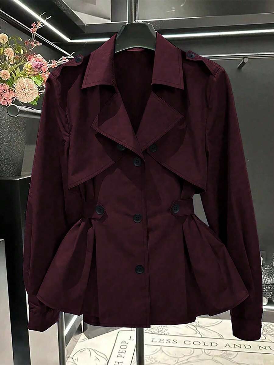 Franclia Women's Fashionable Casual Cinched Waist Trench Coat - Burgundy - View 1