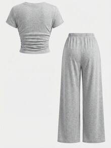 SHEIN 少女卡其色字母印花T恤和打底裤两件套，休闲日常时尚百搭 - 灰色 - 查看 2