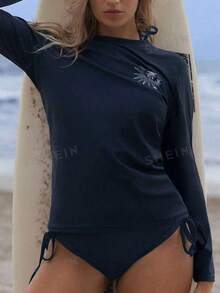 Swim SPRTY Women's Palm Tree Print Long Sleeve Casual Rash Guard - Navy Blue - View 8