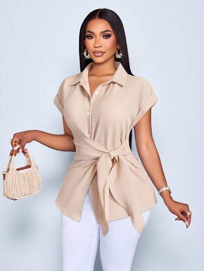 SOLERSUN Women's Summer Solid Color Button Front Batwing Short Sleeve Shirt,Casual Elegant Tie Front Detail Blouse,Going Out Outfits All Seasons,Vacation Outfits Women Daily