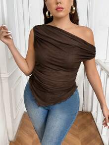 SHEIN Frenchy Top casual para mulher plus size, cor lisa, com bainha assimétrica e franzido, adequado para o verão - Castanho - View 3