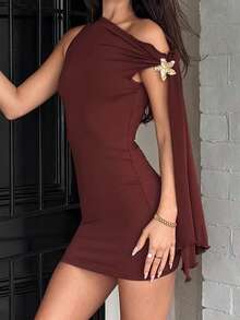 AmyJordy Vestido negro envolvente sexy con mangas asimétricas con volantes, cintura ajustada y silueta entallada, elegante estilo francés - Café integral - Ver 3