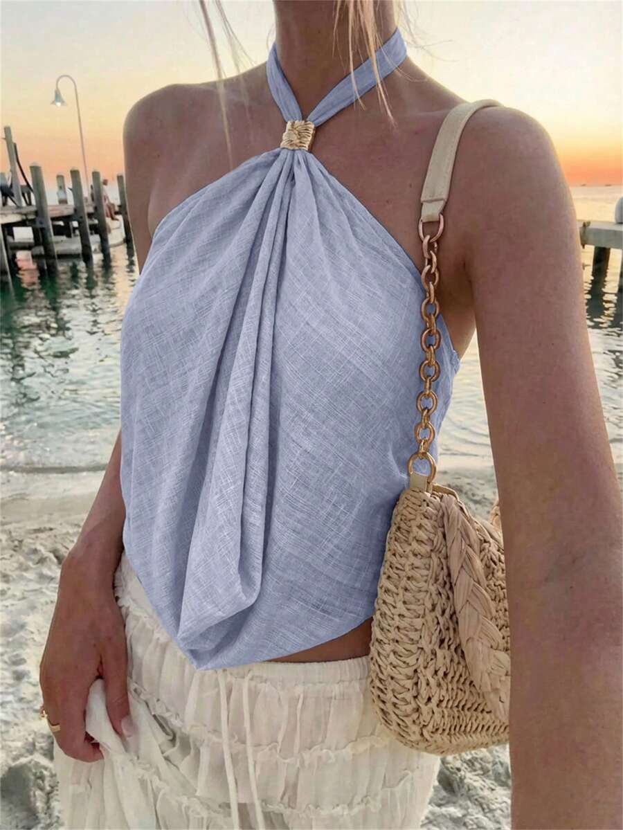 Aloruh 女士性感纯色露背吊带上衣，夏秋季，适合所有年龄段，尺码齐全，适合秋季穿着，露肩米色吊带上衣，配金属装饰扣，适合新年夜穿着。 - 淺藍色 - 查看 1