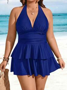 Swim Lushoire Plus Size Solid Color V-Neck Ruched Multi-Layer Ruffle Hem Fashionable Vacation Style Women's Two Pieces Swimsuit - Blue - View 3