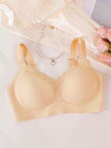Plus Size Wireless Lace Bra With Lift And Side Support, Adjustable Shoulder Straps, Comfortable Daily Wear, Minimalist Design Wedding. - Apricot - View 7