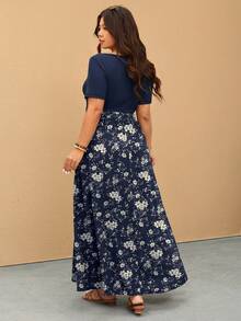 Elaquor Plus Size Summer Casual Patchwork Ditsy Floral Split Sleeve Dress, Women Loose Long Dress, Spring Dress Set, Spring Womenswear - Multicolor - View 2