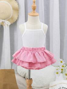 SHEIN Toddler Girls' Denim Shorts With Ruffle Trim, Soft & Comfortable Lightweight Fabric, Spring/Summer - Pink - View 3