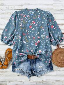 Linhara Plus Size Small Ditsy Floral Elegant Casual V-Neck 3/4 Sleeve Regular Blouse - Dusty Blue - View 2