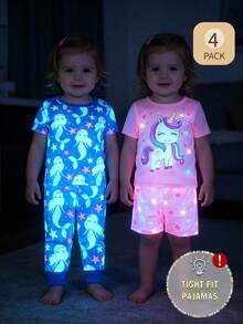 4 pièces Ensemble de pyjama pour bébé fille avec imprimé licorne et sirène, en tissu doux, comprenant un Top à manches courtes, un short et un pantalon, rose et bleu - Multicolore - Voir 1