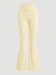 SHEIN Girlism Tween Girls' Casual Fitted Yellow Ruched Crew Neck Top And Ruched Flare Pants Set - Yellow - View 7