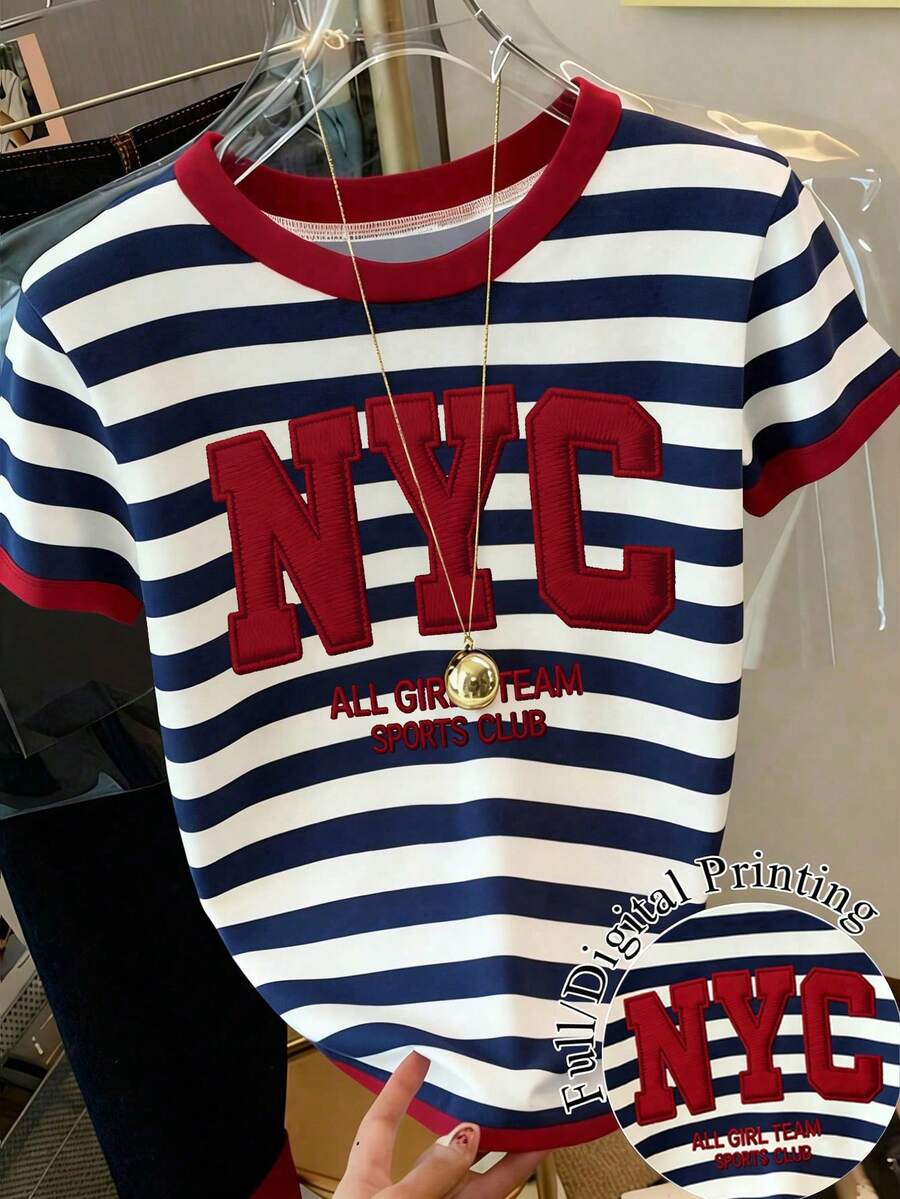 Resyla Kaos Wanita Kasual Bergaris Motif Huruf Leher Bulat Lengan Pendek, Musim Panas - MultiWarna - View 1