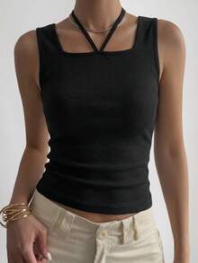 FRIFUL Women's Black Slim Fit Halter Neck Camisole Top, Summer Tank Tops - Black - View 9