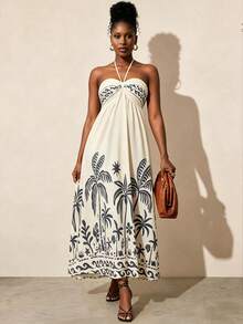 VaVaBold Women's Palm Tree Print Dress, Vacation Style - Black and White - View 6