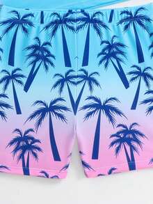 SHEIN Tween Boys Aqua Blue Swimwear Set,Ombre Palm Tree Print Long Sleeve Rash Guard And Swim Trunks,Funny Colorblock Letter Graphic,Summer Vacation Holiday - Blue - View 5