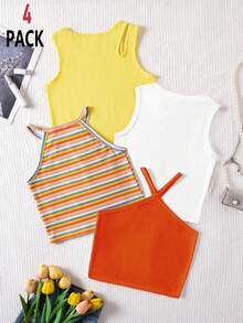SHEIN Genkimix Kids 女童条纹印花+纯色夏季休闲背心 - 彩色 - 查看 2