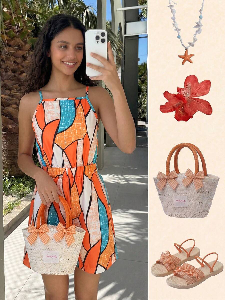 SHEIN Tween Girl Geometric Print Casual Jumpsuit - Multicolor - View 1