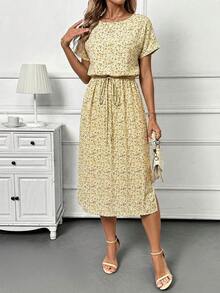 Editum 女士新款优雅圆领碎花开衩中长连衣裙，夏季 - 彩色 - 查看 4