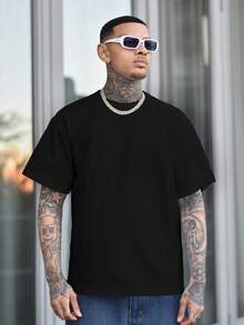 Devon Thys Men's Solid Color Low Elasticity Simple Lightweight Loose Fit Short Sleeve T-Shirt, Versatile For Summer - Black - View 6