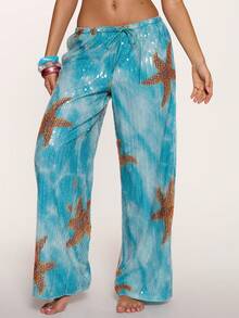 MUSERA Quần ống rộng, chun co giãn, in hình sao biển đính sequin, thích hợp mặc đi biển, bơi lội, gợi cảm, dễ thương, đi chơi, nghỉ lễ, mùa hè, màu xanh đậm. - Màu xanh nhạt - Xem 2