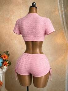 SaltGleam SaltGleam Quần short ôm sát gợi cảm thời trang dành cho nữ, có khóa kim loại trang trí, dây rút ở eo và đường nhún ở hai bên, phù hợp cho kỳ nghỉ và mặc hàng ngày. - Hồng - Xem 2