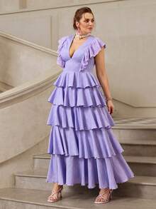VOLUPTÉ CURVE Plus Size Spring/Summer Lavender Chiffon V-Neck Ruffle Sleeve High Waist Tiered Cake Skirt Long Elegant Wedding Guest Birthday Party Graduation Season Dress - Purple - View 4