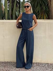Livesso Women's Cotton Casual Round Neck Short Sleeve Top And Loose Fit Jeans Set, Suitable For Spring And Summer - Dark Wash - View 4