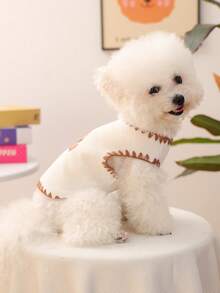 一件猫狗服装，可爱泰迪熊冰淇淋刺绣宠物背心，条纹针织钩花边小型犬无袖上衣，舒适款式 - 白色 - 查看 6