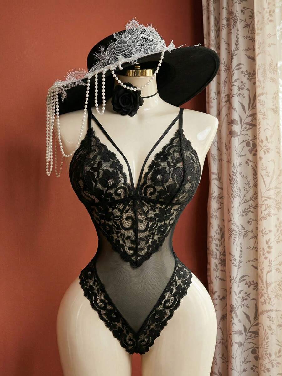 SHEIN Eyelash Lace Panel Teddy Bodysuit Lingerie UnderwearOuter, Baddie Look - Black - View 1