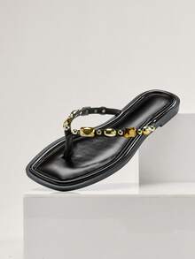 SHUZIA Women's Square Toe Cushioned Insole Gold Geometric Bead Fine PU Black Toe Post Flat Slides – Sleek, Minimal & Everyday Chic - Black - View 5