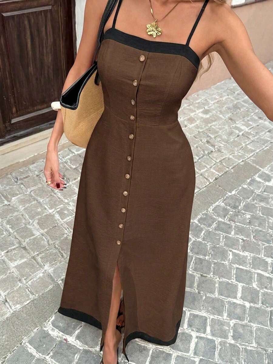SHEIN PariChic 女士优雅法式风格纽扣式撞色拼接连衣裙 - 咖啡 - 查看 1