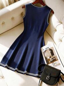 Franclia Women's Sleeveless Spring/Summer Lightweight Knee-Length Contrast Color A-Line Knit Dress - Royal Blue - View 2