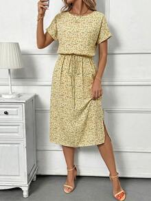 Editum 女士新款优雅圆领碎花开衩中长连衣裙，夏季 - 彩色 - 查看 3