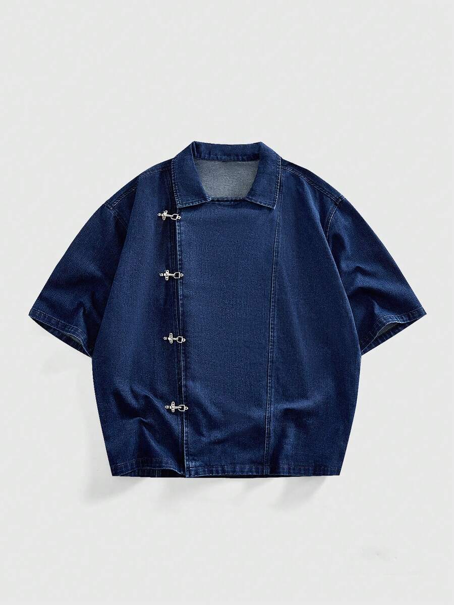 ROMWE MEN Street Life Men's Solid Color Button Asymmetrical Hem Casual Short Sleeve Denim Shirt - Blue - View 1