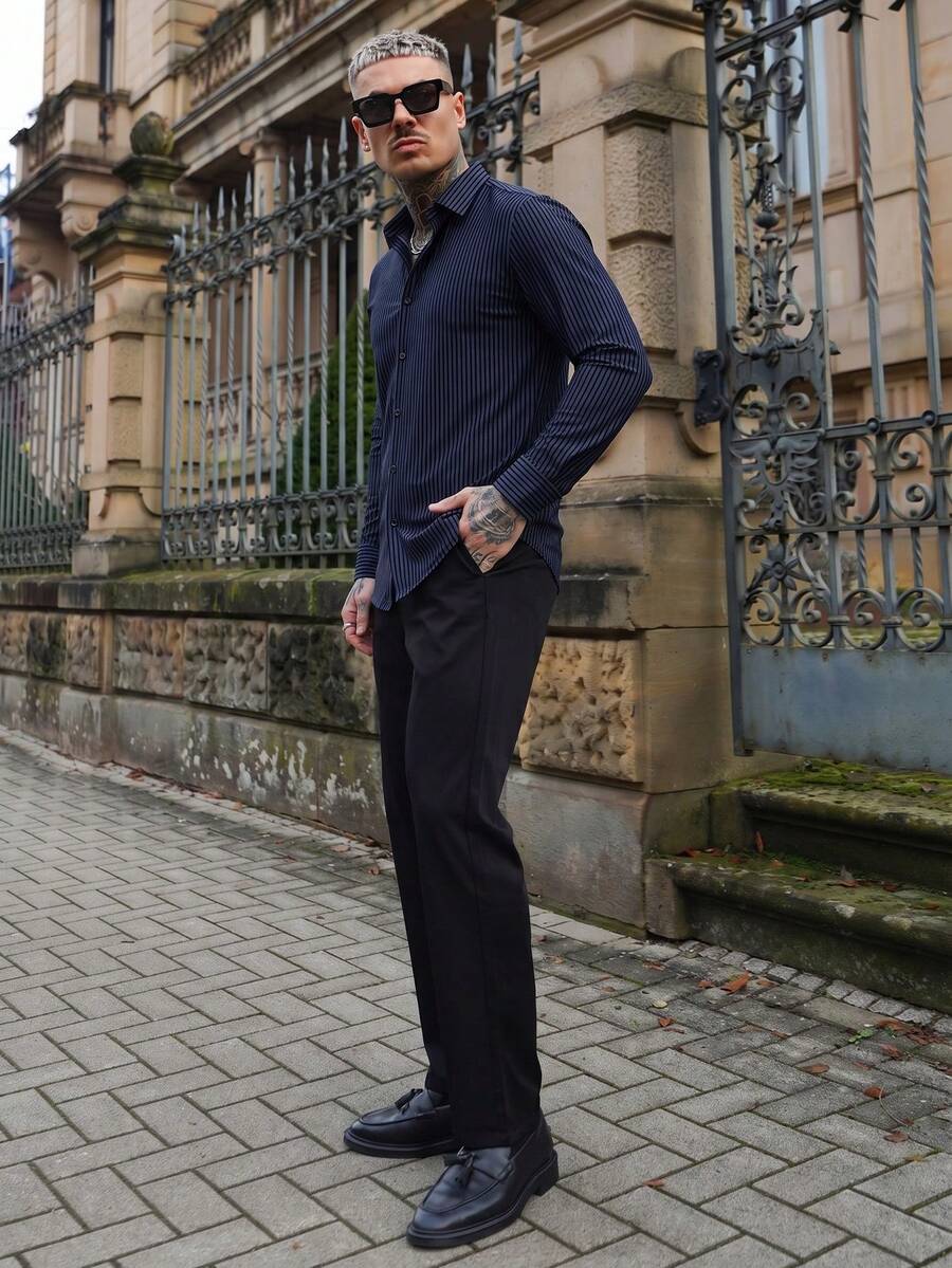 Artur Kramer 男士时尚商务休闲条纹印花长袖衬衫，秋季