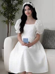 SHEIN Tween Girls Floral Jacquard Square Neck Petal Sleeve Elegant Dress White Dress For Women Christening White Dress For Civil Wedding Bride White Princess Dress Junior Brides Maid Dress White Milkmaid Dress - White - View 3