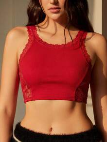 Camiseta de encaje con parches de moda, sexy y transparente - Burdeos - Ver 2