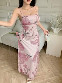 Modelyn Elegant Pink Floral Long Cami Dress With Spaghetti Straps And Flared Hem For Women - Pink - View 5