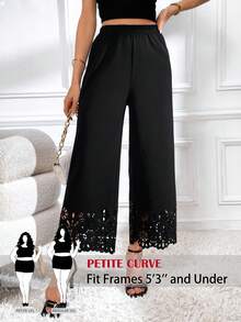 SHEIN PETITE CURVE 大码女式激光镂空阔腿裤，适合夏季穿着，日常通勤、办公室、会议、度假海滩，黑色 - 黑色 - 查看 4