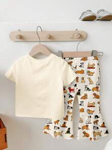 SHEIN Playful Pals 一套女童休闲时尚可爱小狗印花短袖T恤和碎花喇叭裤套装，适合春夏穿着，可作校服，可爱夏季女童服装，韩版风格，夏季套装，女童夏季服装 - 彩色 - 查看 3