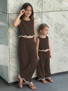 Emery Rose Kids Emery Rose Kids 2件套少女雪纺碎花圆领休闲吊带背心和裤子套装，棕色 - 棕色 - 查看 10