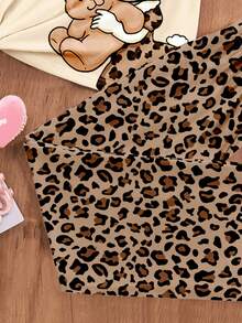 Tween Girls 2pcs White Summer Cute Home Wear Sleep Set,Leopard Bow Animal Rabbit & Bear Print Short Sleeve T-Shirt & Shorts,Comfy Casual Girly Style - Multicolor - View 5