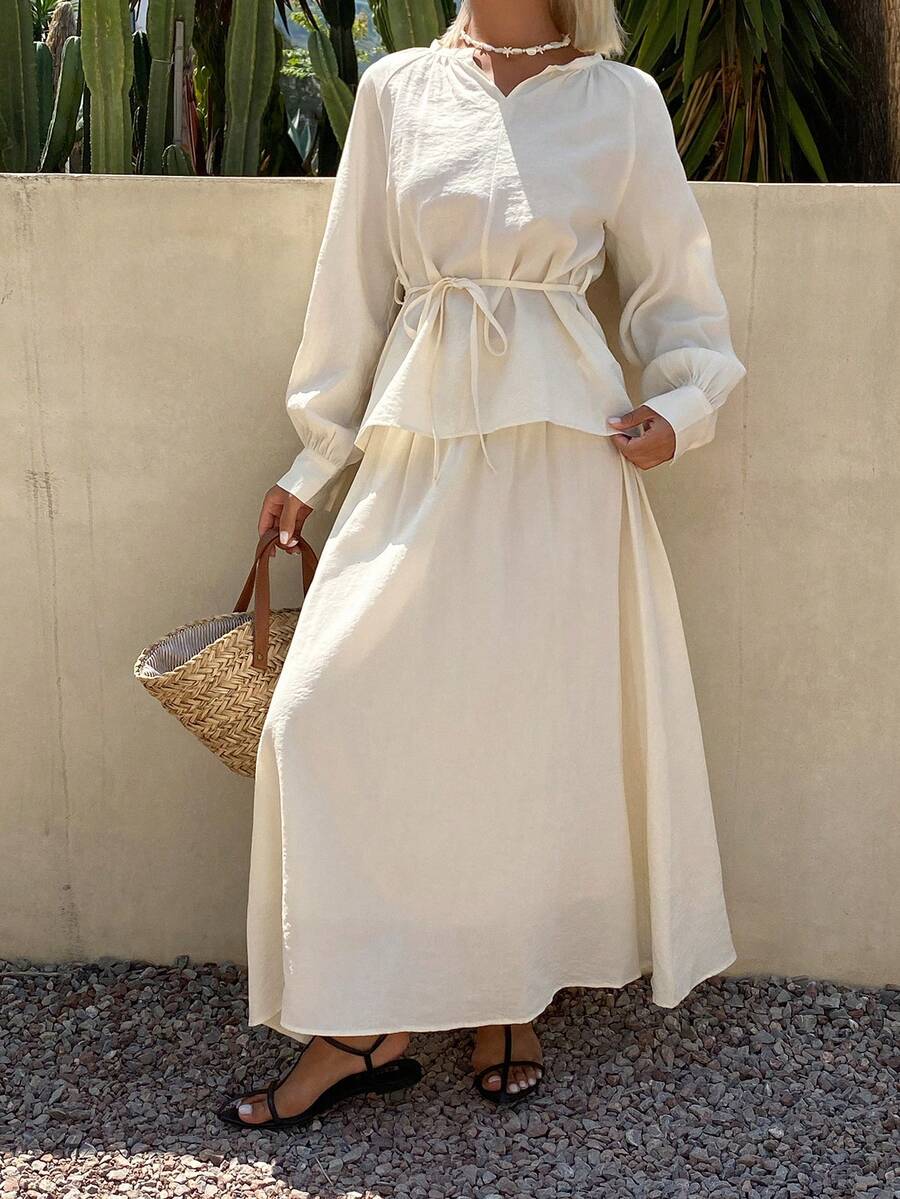 DAZY Casual Beige Long Shirt And Long Skirt 2 Pieces Set For Women, Spring/Summer - Beige - View 1