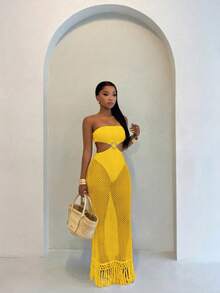 BamGleam Vestido tubo de mujer para vacaciones de verano de unicolor con parches y calado de red - Amarillo - Ver 4