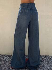 Livesso Blue Cotton Flared Jeans With Distressed Details, Waist Cinched, Suitable For Spring & Summer Vacation Outfits - Blue - View 2
