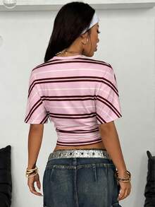 Coolane 女士条纹印花荷叶边圆领短袖T恤，夏季 - 彩色 - 查看 2