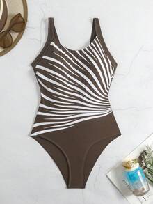 SHEIN Swim 1 Stück Damen Gestreifter Platzierter Muster Rundhals Breite Träger Minimalistischer Lässig Badeanzug - Kaffeebraun - View 6