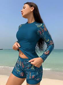 Swim SPRTY Setelan Jaket dan Celana Pendek Lengan Panjang Kasual Motif Tanaman Tropis untuk Wanita, Cocok untuk Liburan di Pantai - Teal Blue - View 4